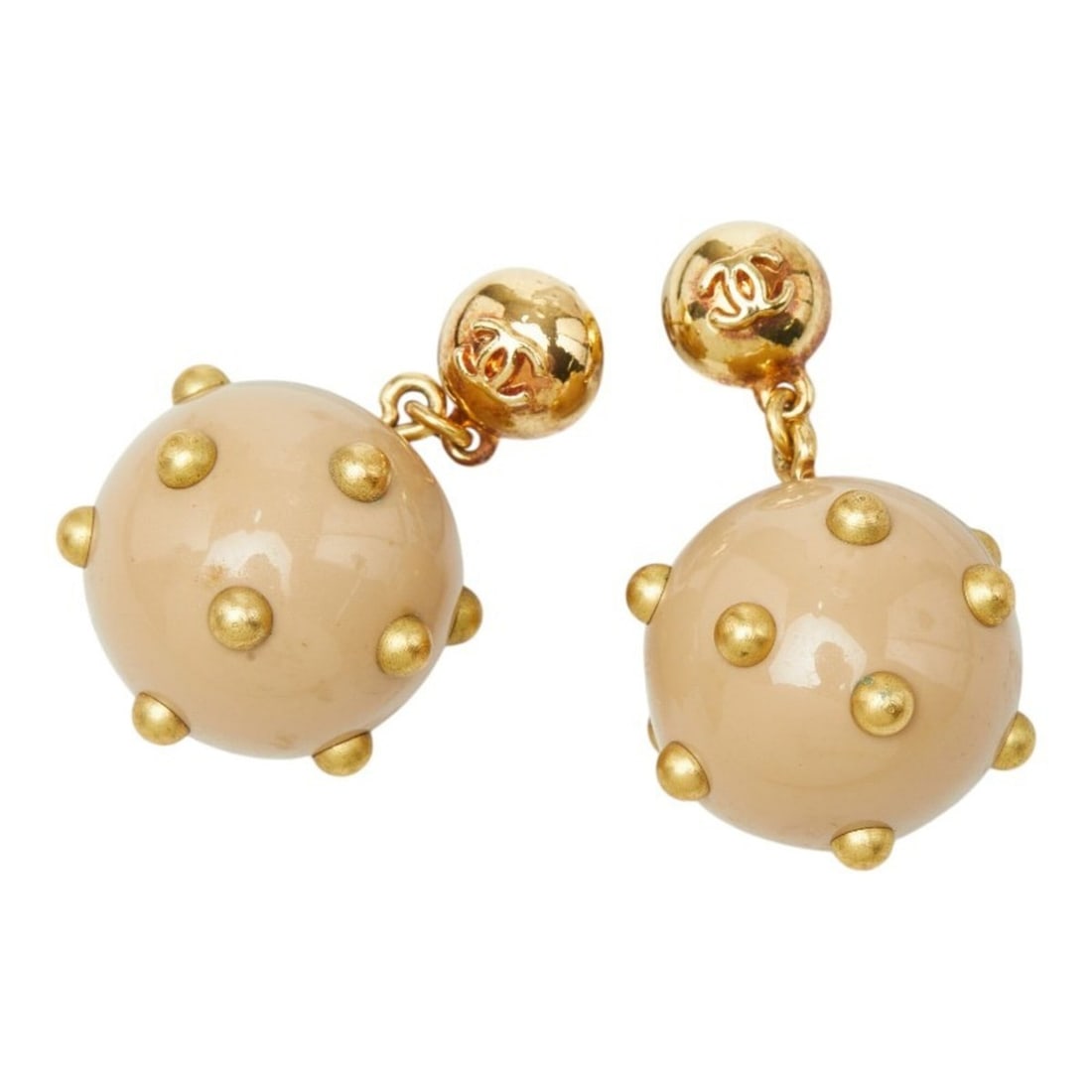 Chanel Coco Mark Ball Swing Stud Earrings, 00A Engraving, Beige Gold Plated Plastic, Women's CHANEL: --- Catalog ---Category: SizeSize (HxWxD): 37.90mm x 21.00mm / 1.49'' x 0.83''Category: DesignType: Stud earringsColor: Beige, GoldGender: WomenMaterial: PlasticCategory: GeneralBrand: Chanel--- Item 