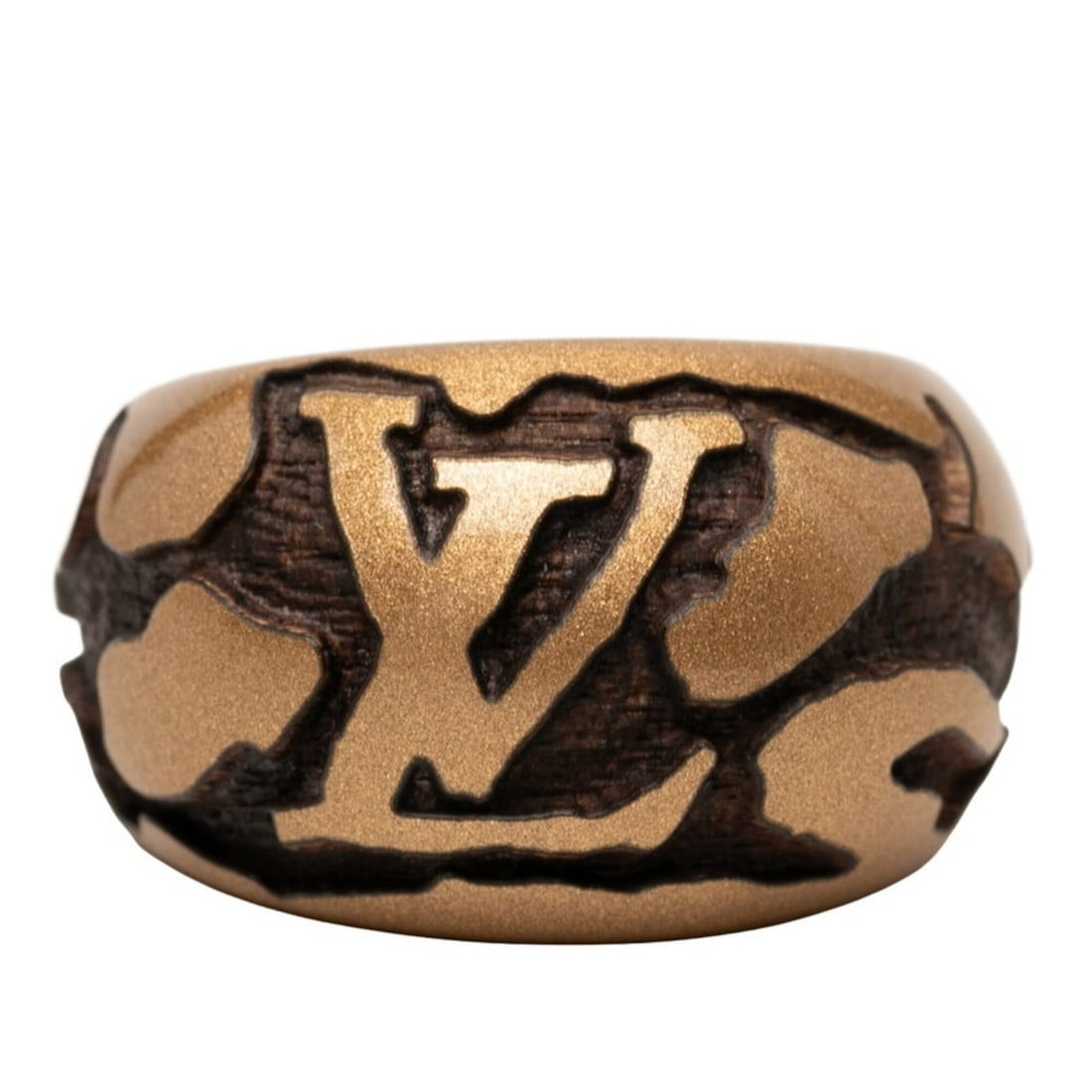 Louis Vuitton Bague Leo Monogram Ring, Size #S, M66029, Metallic Gold, Brown Wood, Women's, LOUIS