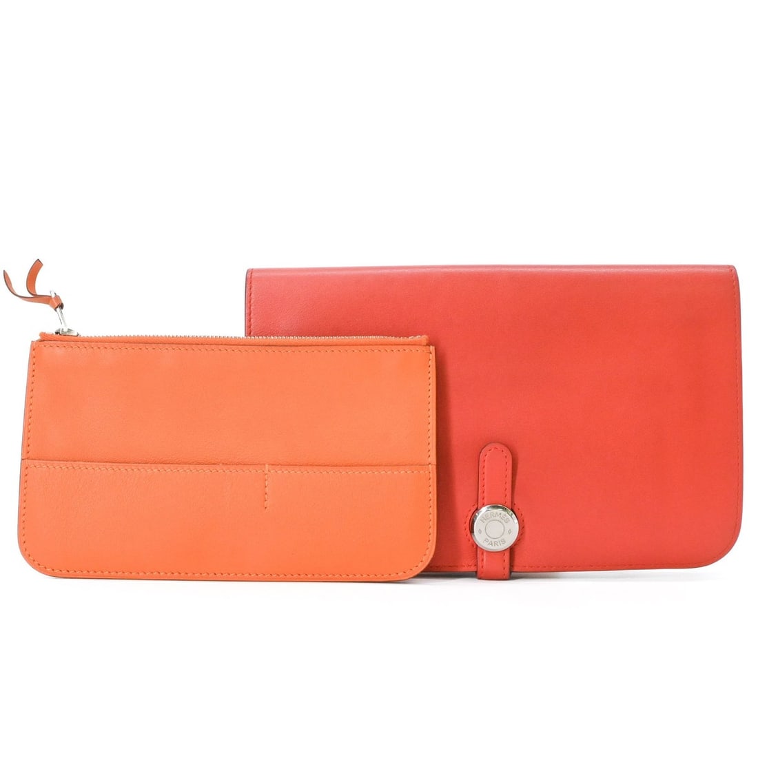 HERMES Dogon Duo GM Long Wallet, Bi-fold Veau Swift Leather, Women's, Bi-color, Coral Orange