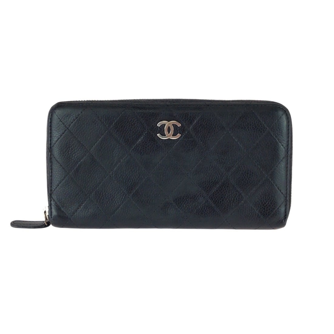 CHANEL Coco Mark Black Caviar Leather Long Wallet with Silver Hardware, Round Zipper, Women's