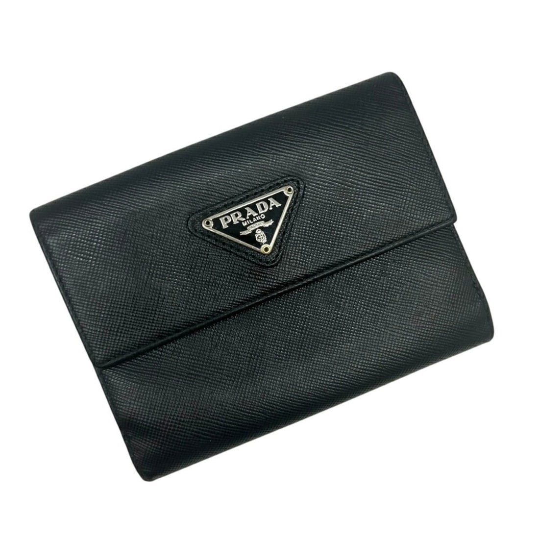 PRADA bi-fold wallet, leather, black, triangular logo, compact Nero, for women and men.