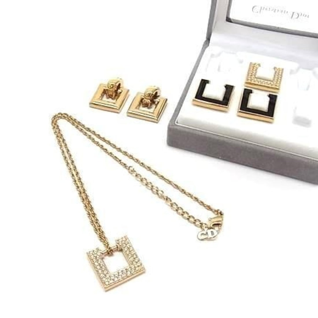 Christian Dior Pendant Change Top Necklace and Earrings Set, Gold Metal Rhinestone, Women's Square
