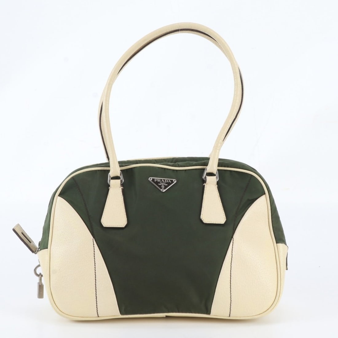 Prada Tessuto Nylon Triangle Logo Leather Handbag Mini Boston Bag Tote for Women