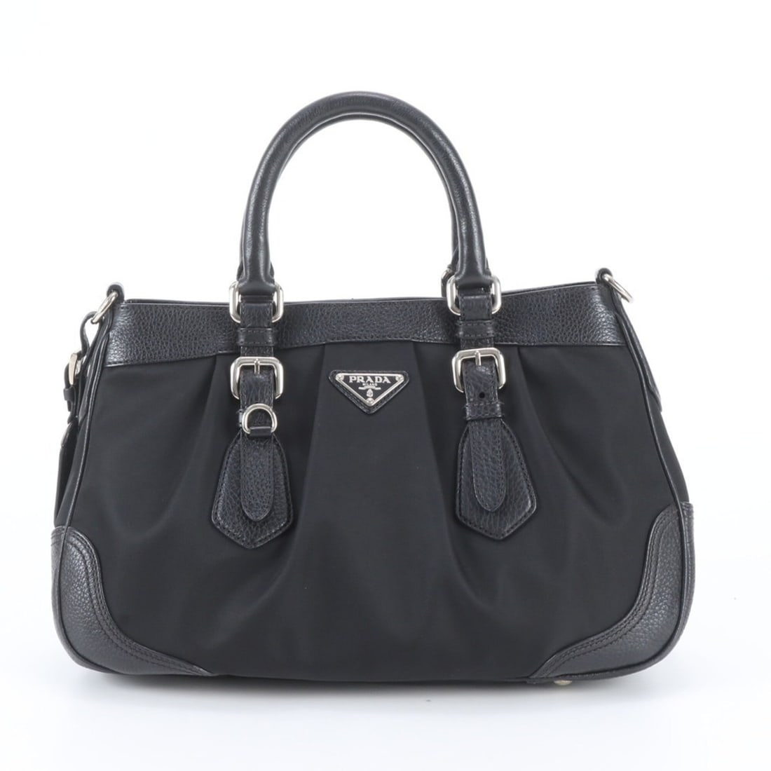 Prada Tessuto Nylon Triangle Logo Leather Handbag Tote Bag Black Women's