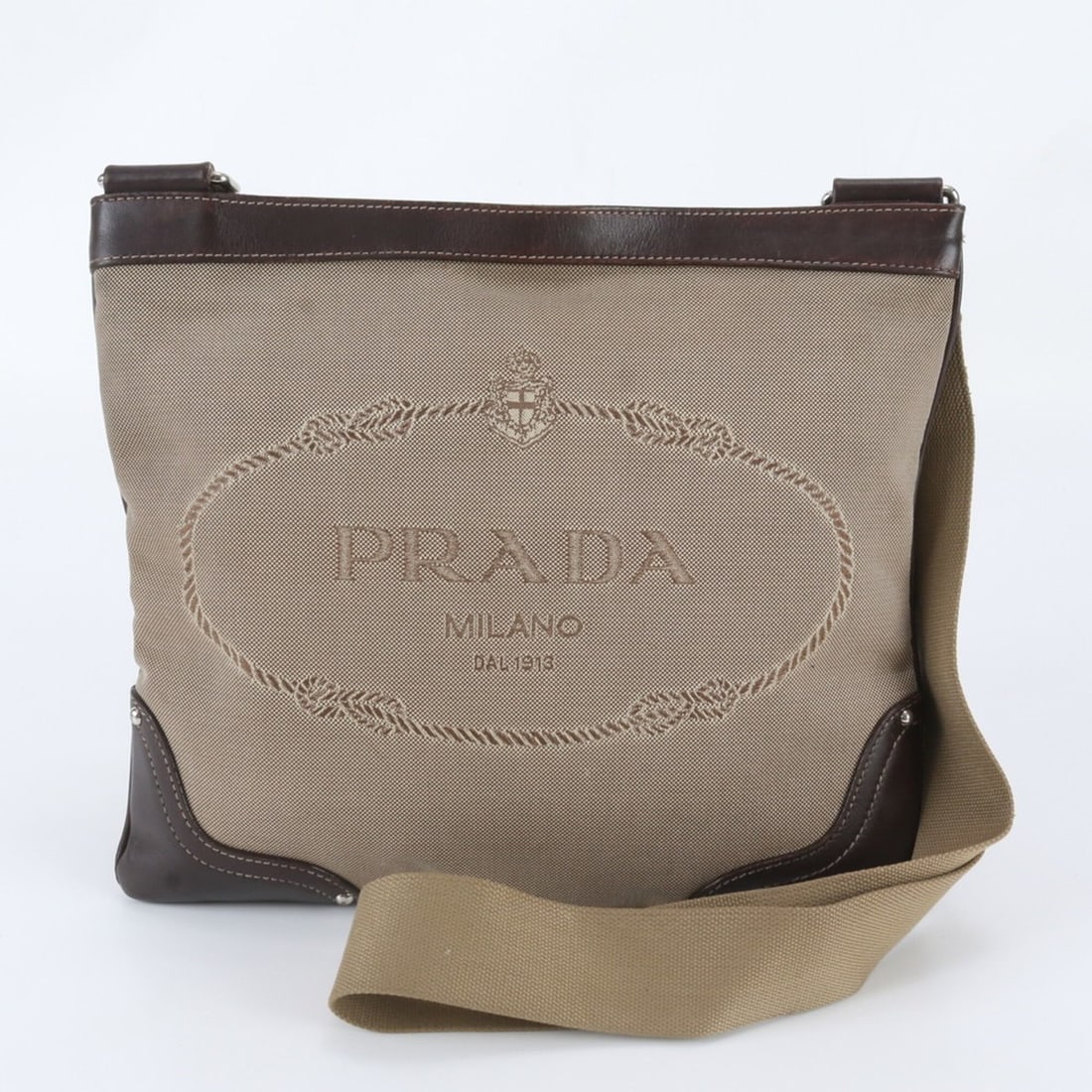 Prada Jacquard Logo Leather Shoulder Bag Messenger Business Brown Men's