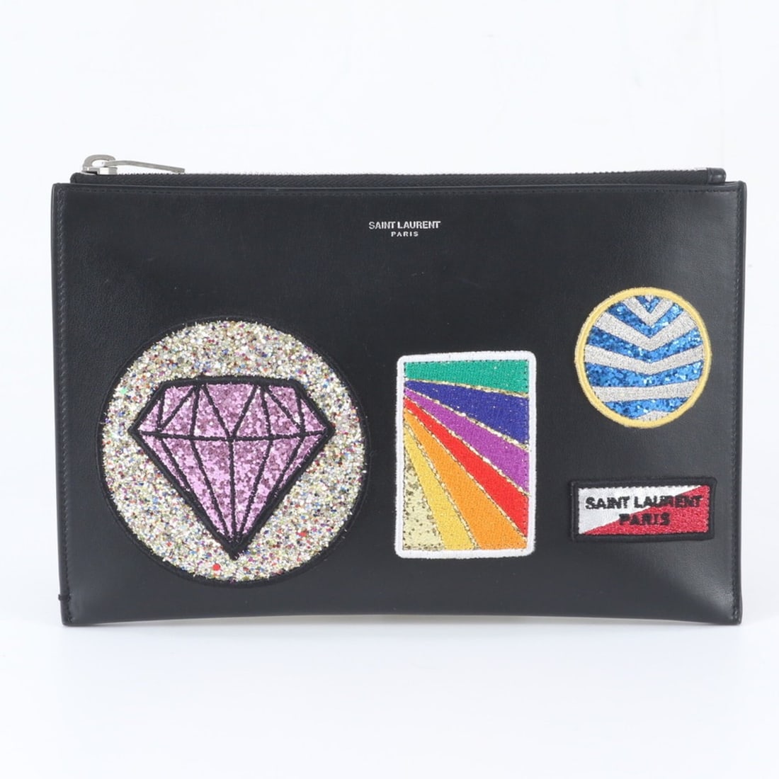 Yves Saint Laurent Saint Laurent Paris Glitter Applique Leather Clutch Bag Handbag Second Pouch for