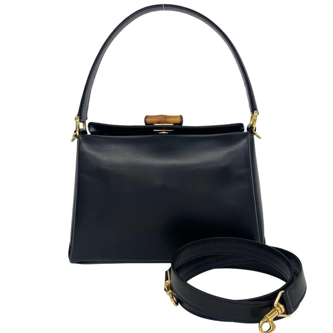 GUCCI Vintage Bamboo Leather 2-Way Shoulder Bag/Handbag, Black, 828-9