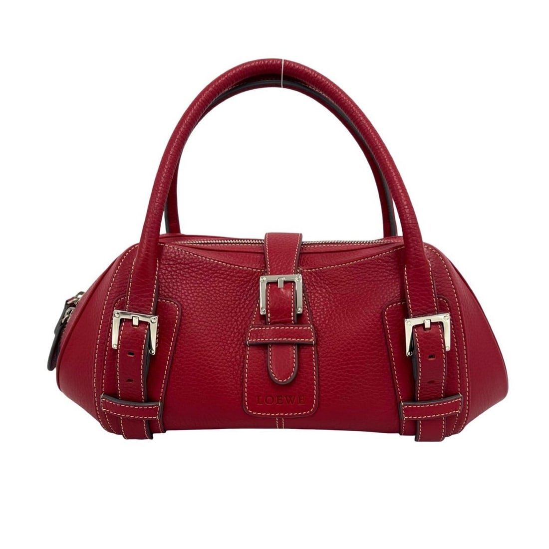 LOEWE Senda Logo Embossed Leather Handbag, Mini Boston Bag, Tote Red, 2890a: --- Catalog ---Category: SizeSize (HxWxD): 13cm x 32cm x 11cm / 5.11'' x 12.59'' x 4.33''Category: DesignType: Boston bag, Handbag, Tote bagColor: Red colorGender: WomenMaterial: Leather Category: Gen