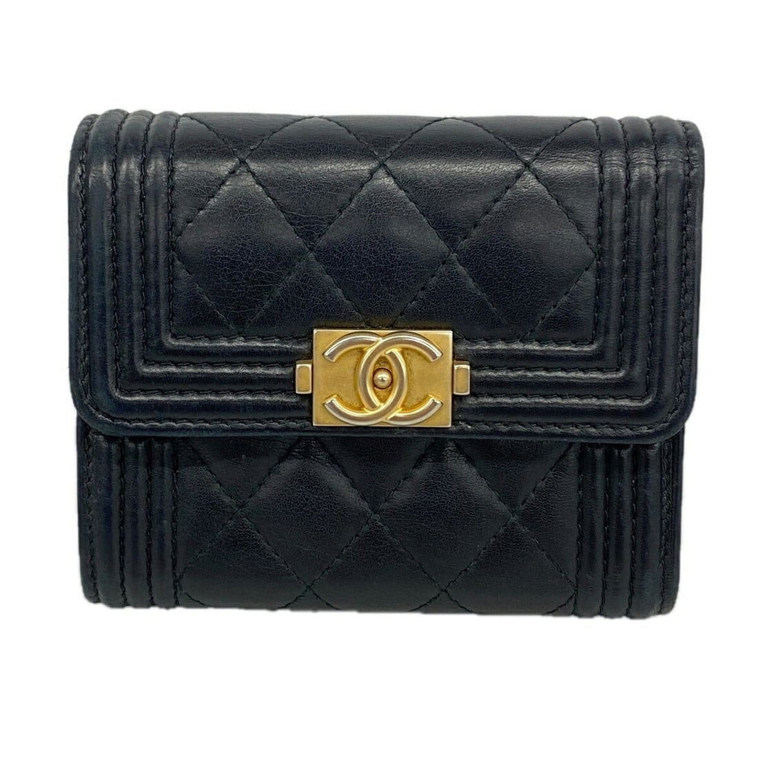 Chanel Boy Tri-fold Wallet, Lambskin, Black, Women's