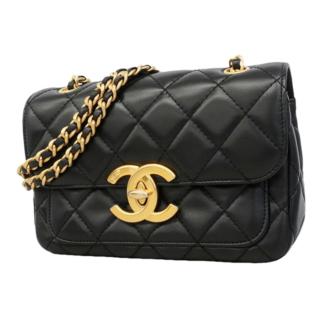 Chanel Matelassé Shoulder Bag with Double Chain, Lambskin, Black, Women's