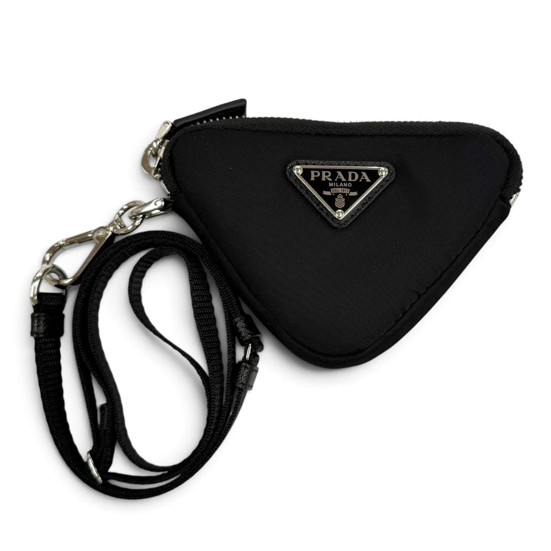 PRADA 2TT140 NERO Re Nylon Triangle Logo Keyring Pouch with Silver Hardware, Made in Italy, Women's,