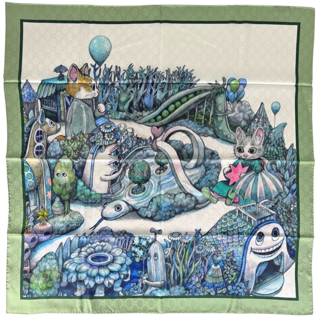 Gucci scarf/muffler by Yuko Higuchi, featuring a cat design, silk, blue, and multicolor, for women.