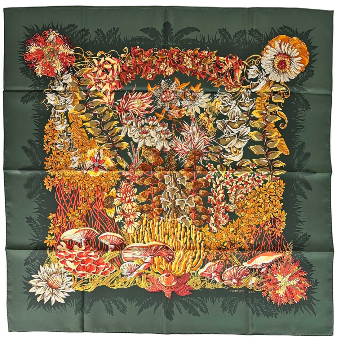 Hermes Carre 90 L'Ile Deserte Scarf/Muffler, Desert Island, Silk, Green, Multicolor, Women's: --- Catalog ---Category: SizeSize (LxW): 88cm x 87cm / 34.64'' x 34.25''Category: DesignType: ScarfColor: Green, Multi-colorGender: WomenMaterial: Silk Category: GeneralBrand: Hermes--- Item List ---S