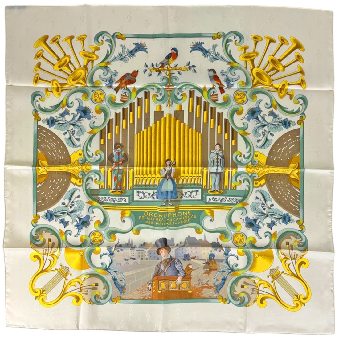 Hermes Carre 90 ORGAUPHONE ET AUTRES MECANIQUES Scarf/Muffler, Silk, Beige, Multicolor, Women's.