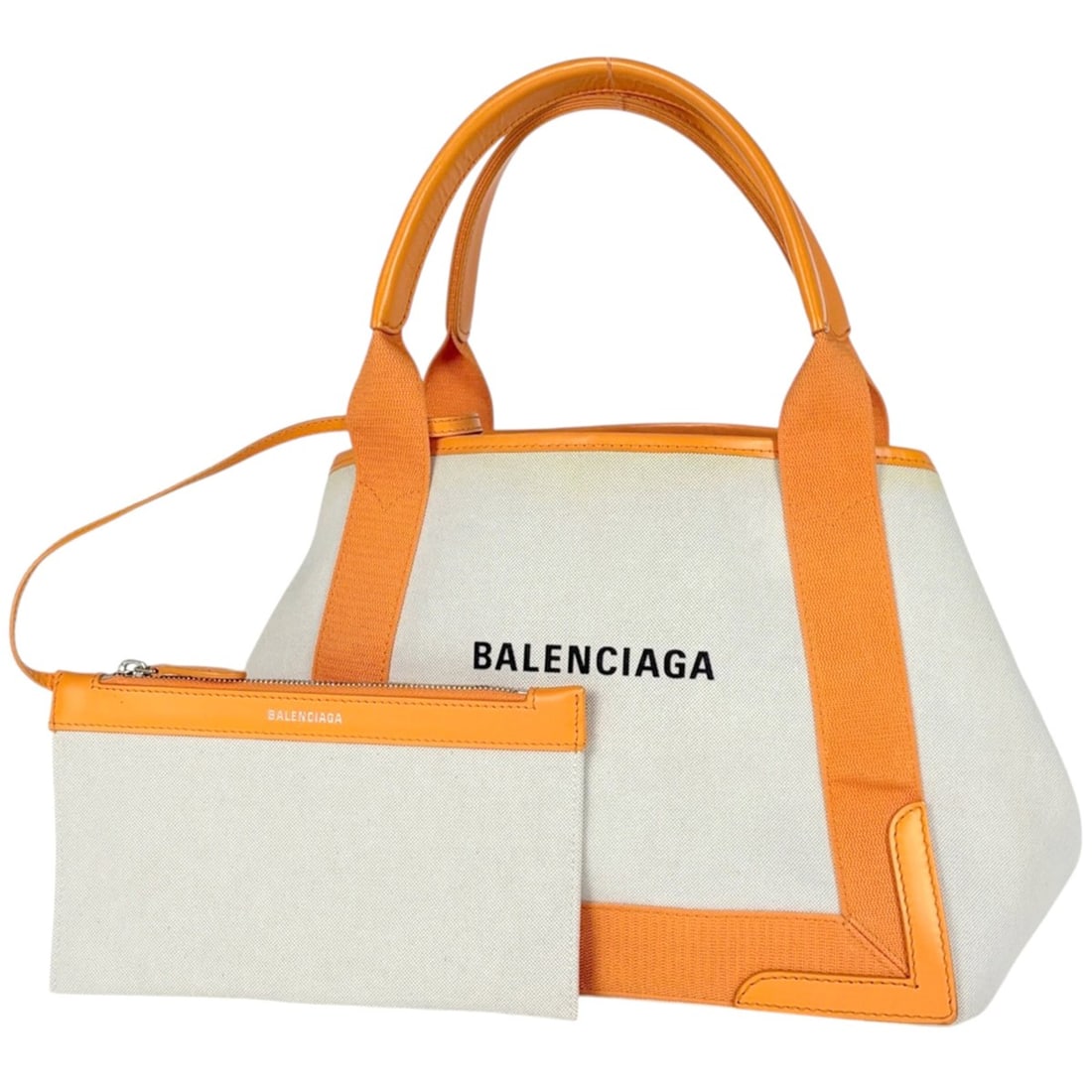Balenciaga BALENCIAGA Navy Small Cabas Handbag Canvas Ivory Orange 339933 Women's