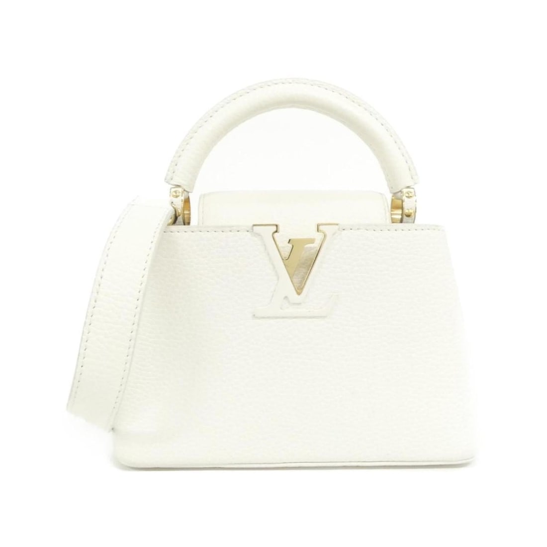 Louis Vuitton Capucines MINI M24733 Handbag: --- Catalog ---Category: SizeSize (HxWxD): 13cm x 20cm x 7cm / 5.11'' x 7.87'' x 2.75''Category: DesignType: HandbagColor: WhiteGender: WomenHardware Color: GoldCategory: GeneralMPN: M24733Brand: