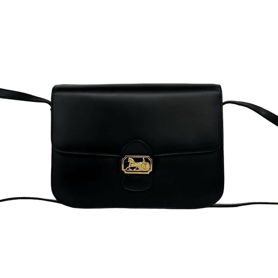 CELINE Vintage Logo Carriage Hardware Calf Leather Genuine Shoulder Bag Pouch Sacoche Black 68830: --- Catalog ---Category: SizeSize (HxWxD): 16cm x 21.5cm x 5cm / 6.29'' x 8.46'' x 1.96''Category: DesignType: Pochette, Shoulder bagColor: BlackGender: WomenMaterial: Leather Leather/Fur Type: Calfsk