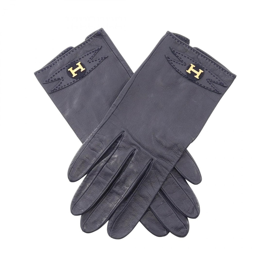 Hermes H-logo leather gloves for women, navy blue. (1 of 12)