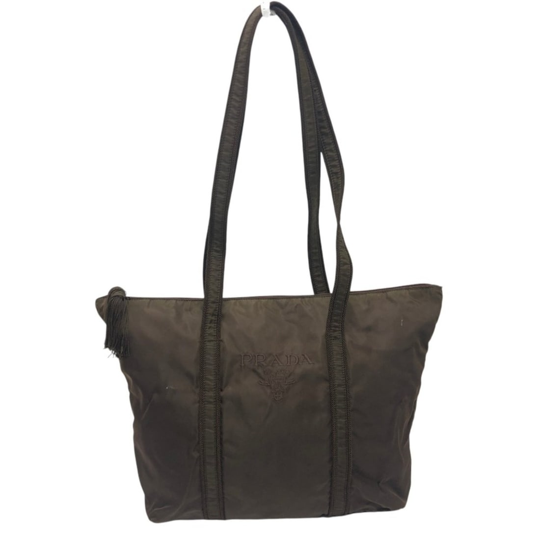 PRADA Prada logo embroidered tassel shoulder bag tote nylon women's brown