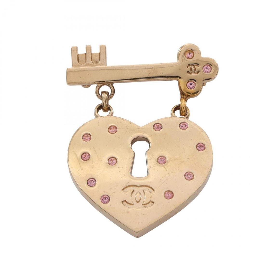 Chanel Coco Mark Heart Lock Brooch Accessory, Gold Plated (GP), Rhinestone, Women's, Gold/Pink Tones