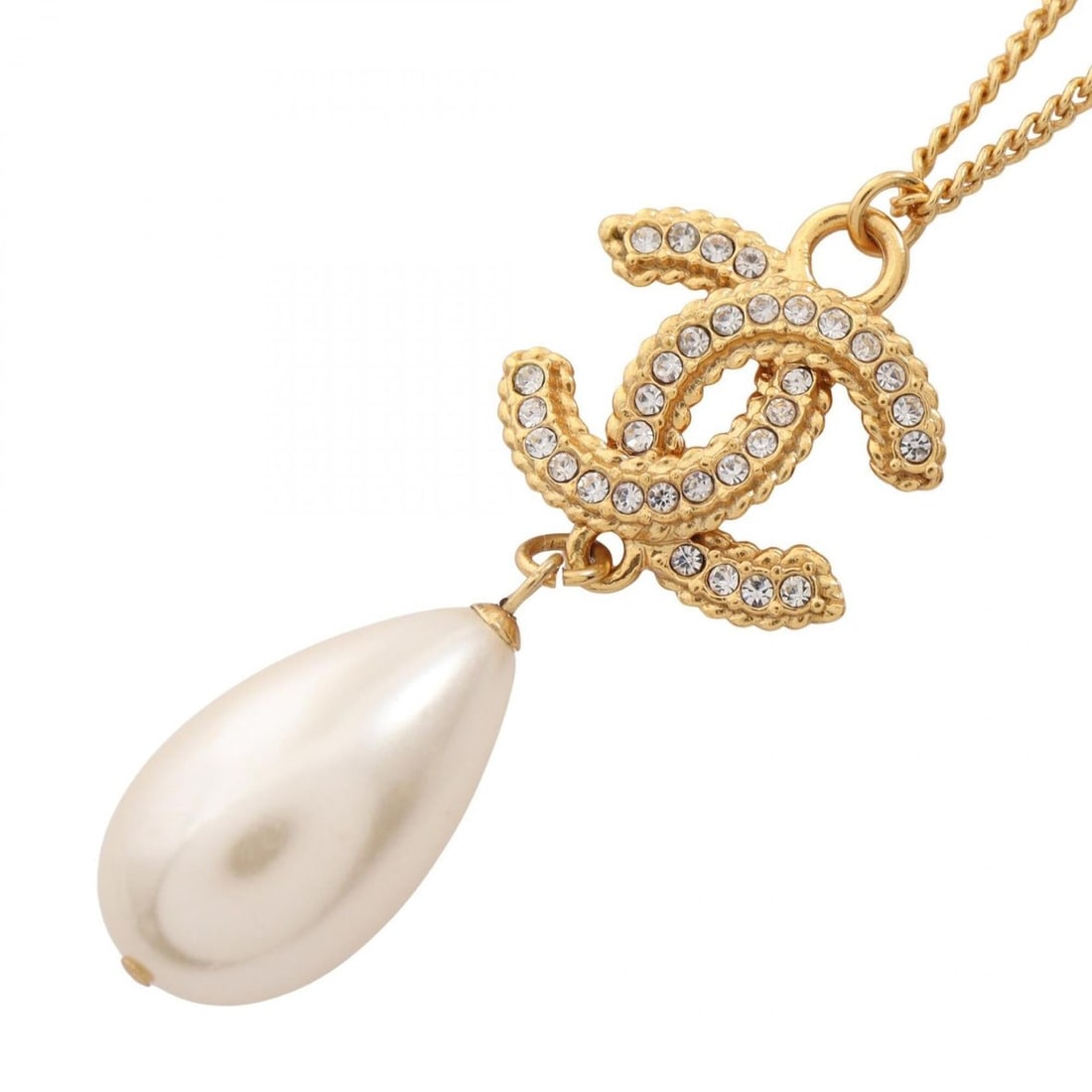 Chanel Coco Mark Necklace, Gold Plated (GP), Faux Pearl, Rhinestone, Women's, Gold, White, Clear.