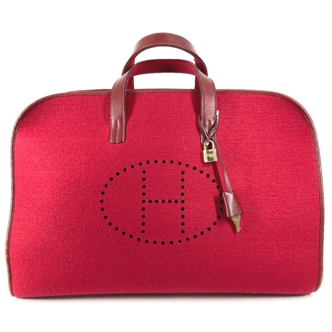 HERMES H-Punching Logo Hoodie Travel Bag, Felt Boston Leather, Men's/Women's, Red