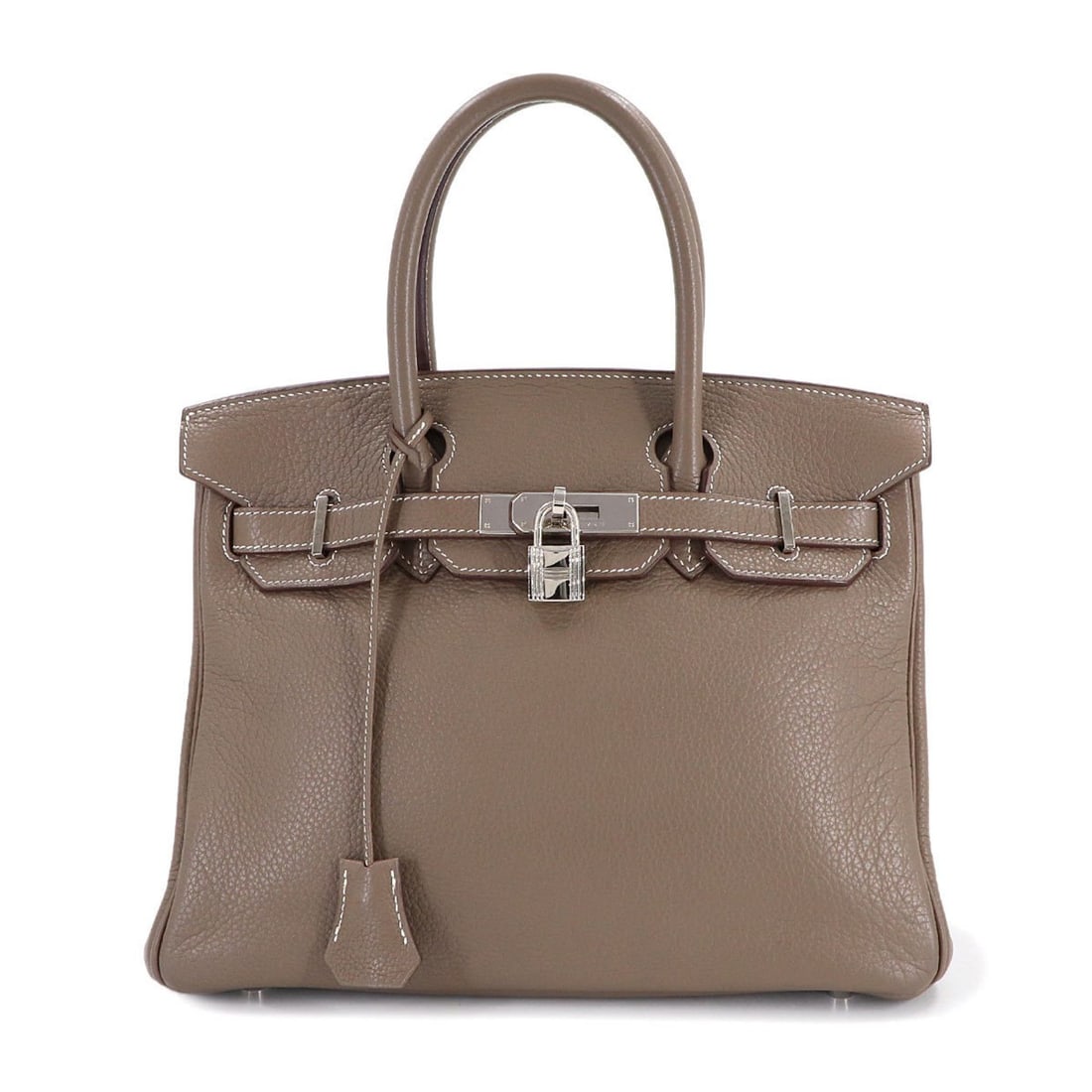 Hermes Hermès Birkin 30 Taurillon Clemence Etoupe Handbag with Silver Hardware, Stamped "M": --- Catalog ---Category: SizeSize (HxWxD): 24cm x 30cm x 15cm / 9.44'' x 11.81'' x 5.9''Category: DesignType: HandbagColor: Etoupe grayGender: WomenMaterial: Taurillon clemence leather Category: Gener