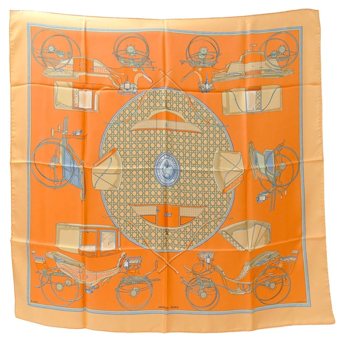 Hermes Hermès scarf/muffler for women, featuring the Carré 90 "Les Voitures a Transformation"