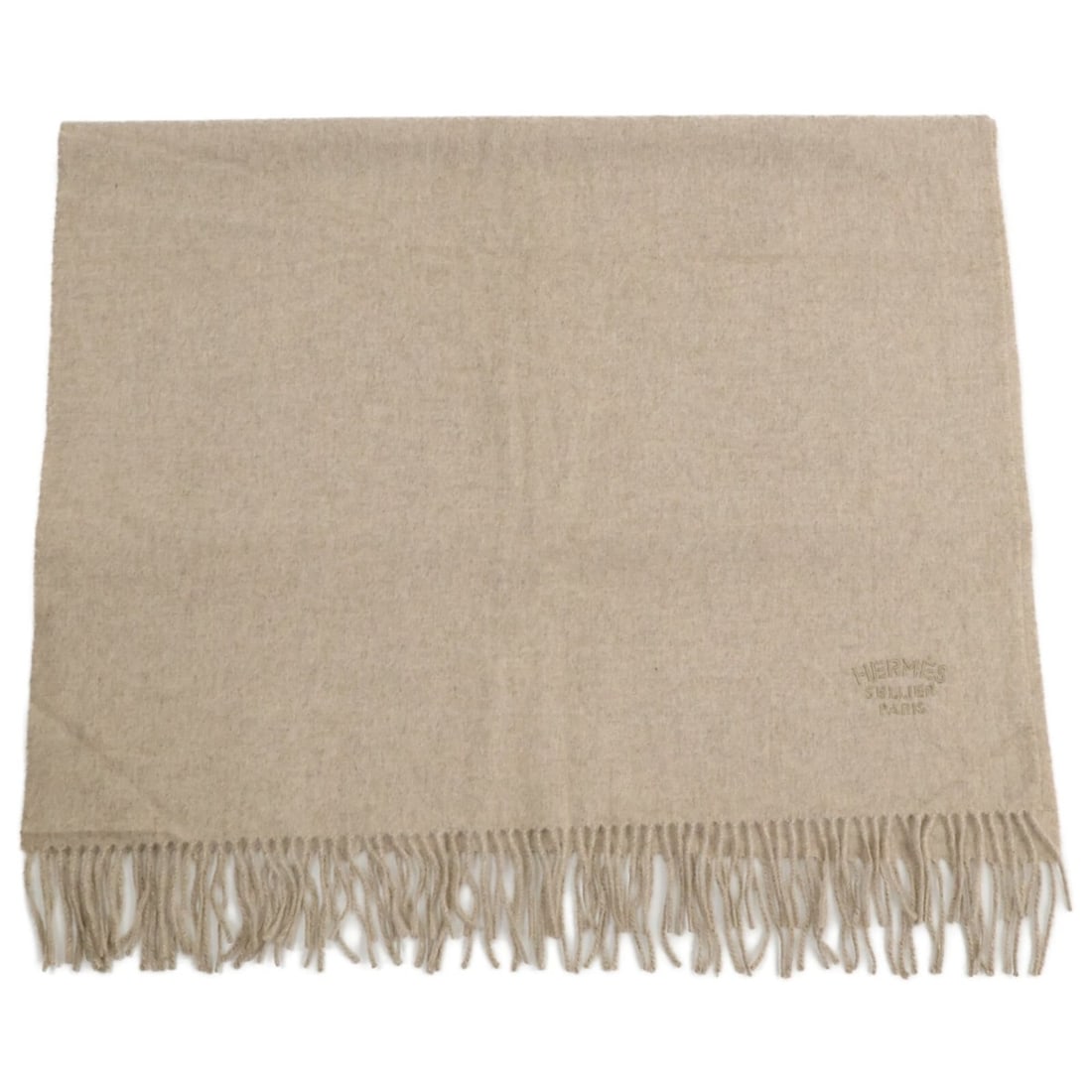 HERMES Logo Embroidered Cashmere Fringe Scarf Beige Women's