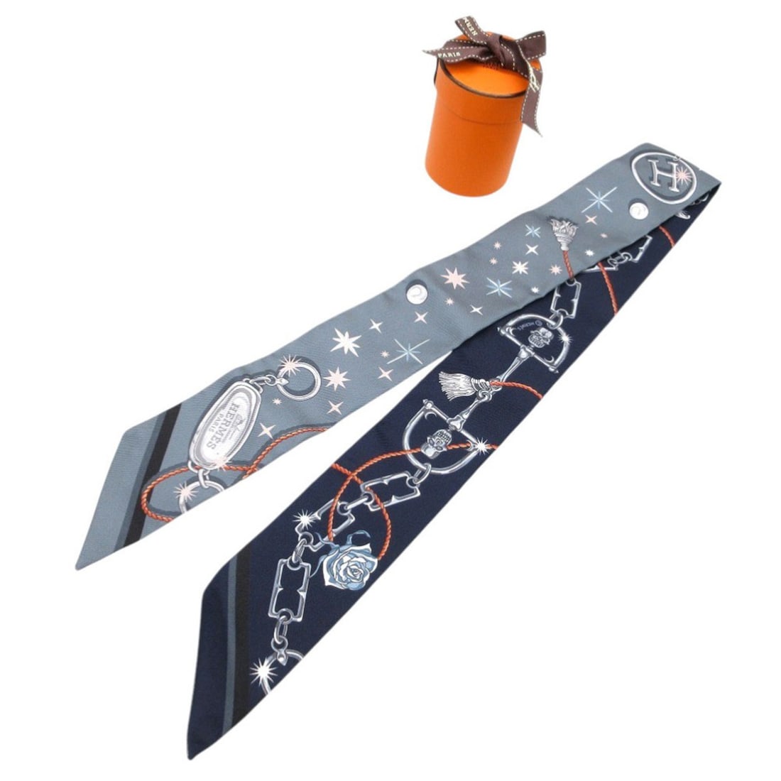 Like new Hermès Twilly Seraphet Scarf/Muffler, Silk, Gray and Navy, 0332HERMES