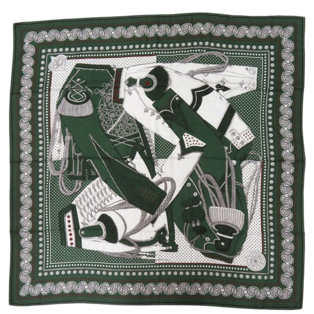 Like new Hermès Carré Geant 140 "Zouaves et Dragons" cashmere and silk verre roden burgundy green