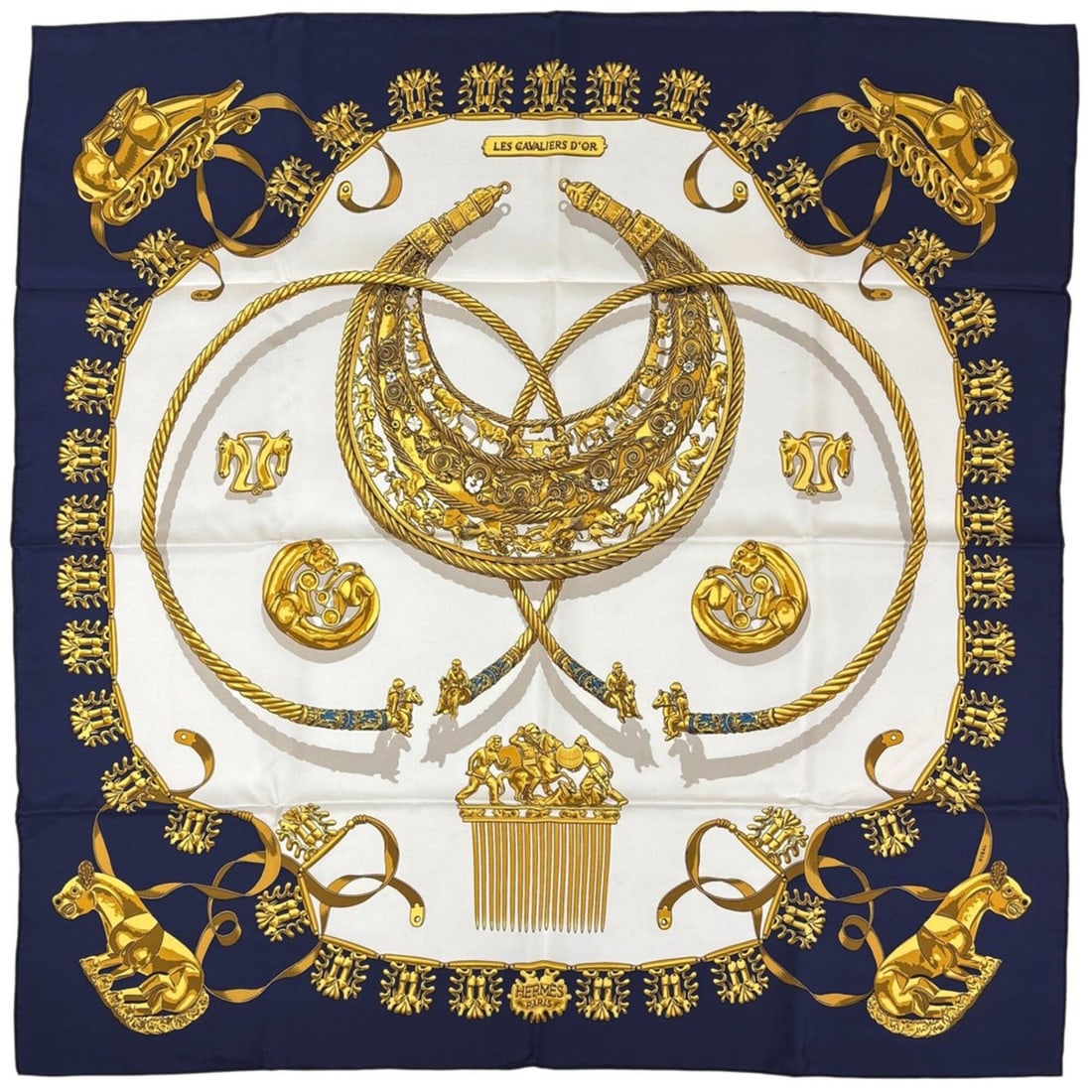 Hermes Carre 90 LES CAVALIERS D'OR (Golden Knights) Scarf/Muffler, Silk, Navy/White, Women's