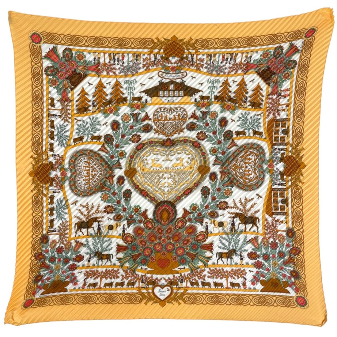 Hermes Carre 90 Decoupages Scarf/Muffler, Paper Cutout Design, Pleated, Silk, Yellow, Multicolor,