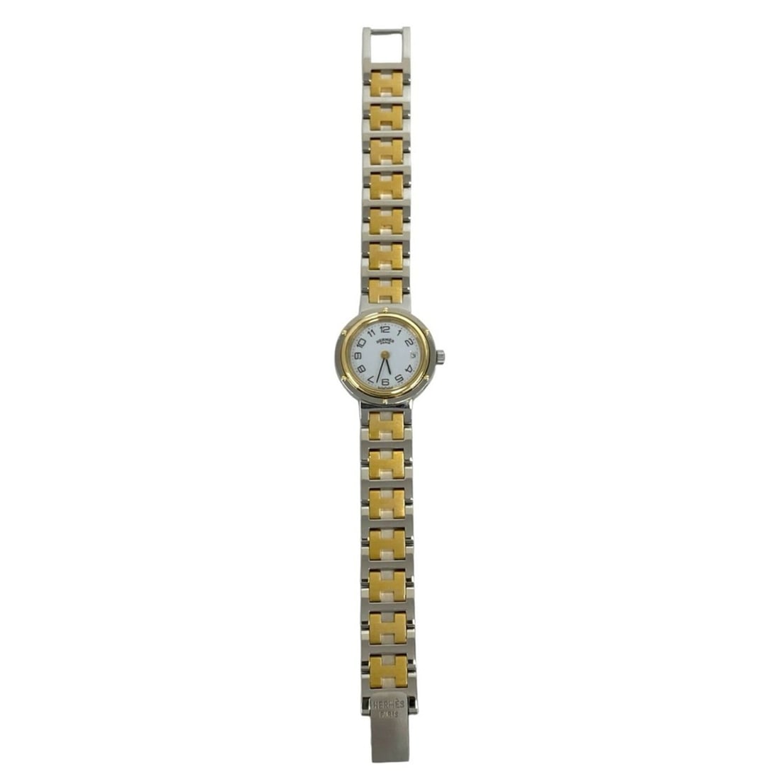 HERMES Vintage Clipper Stainless Steel GP Quartz Watch Silver Gold 50997: --- Catalog ---Category: SizeWrist Size: 16cm / 6.29''Case Diameter: 24mm / 0.94''Category: DesignType: WristwatchGender: WomenMaterial (Band): Gold plated, Stainless steelMaterial (Case): Gold