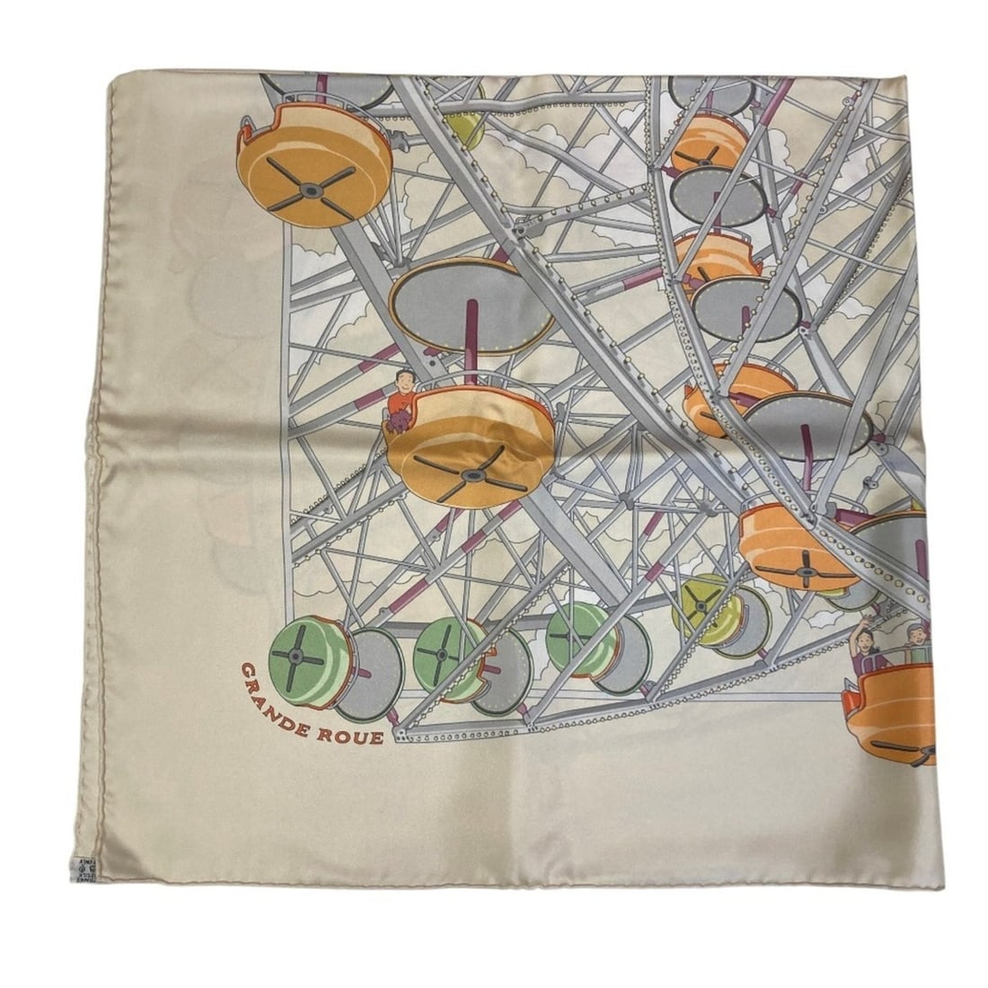 HERMES Grande Roue Ferris Wheel Carre 90 Silk Scarf, Off-White, Women's: --- Catalog ---Category: SizeSize (LxW): 88cm x 87cm / 34.64'' x 34.25''Category: DesignType: ScarfColor: Multi-color, Off-whiteGender: WomenMaterial: Silk Category: GeneralBrand: Hermes--- Item List