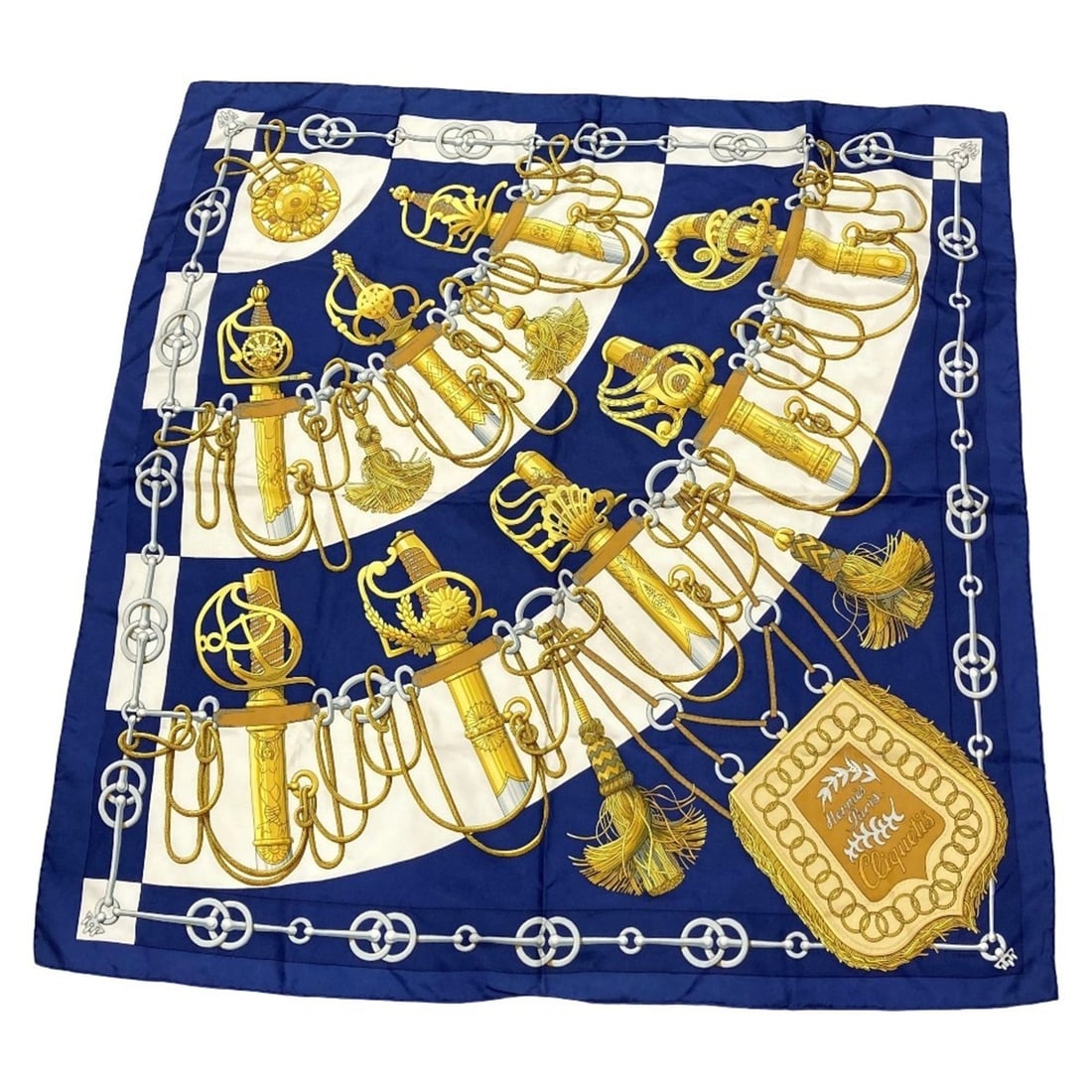 HERMES Hermes Carre 90 Julia Abadie Cliquetis Katakachi Sword Pattern Large Scarf Navy Women's: --- Catalog ---Category: SizeSize (LxW): 87cm x 86cm / 34.25'' x 33.85''Category: DesignType: ScarfColor: NavyGender: WomenCategory: GeneralBrand: Hermes--- Item List ---Section: ConditionRanking: