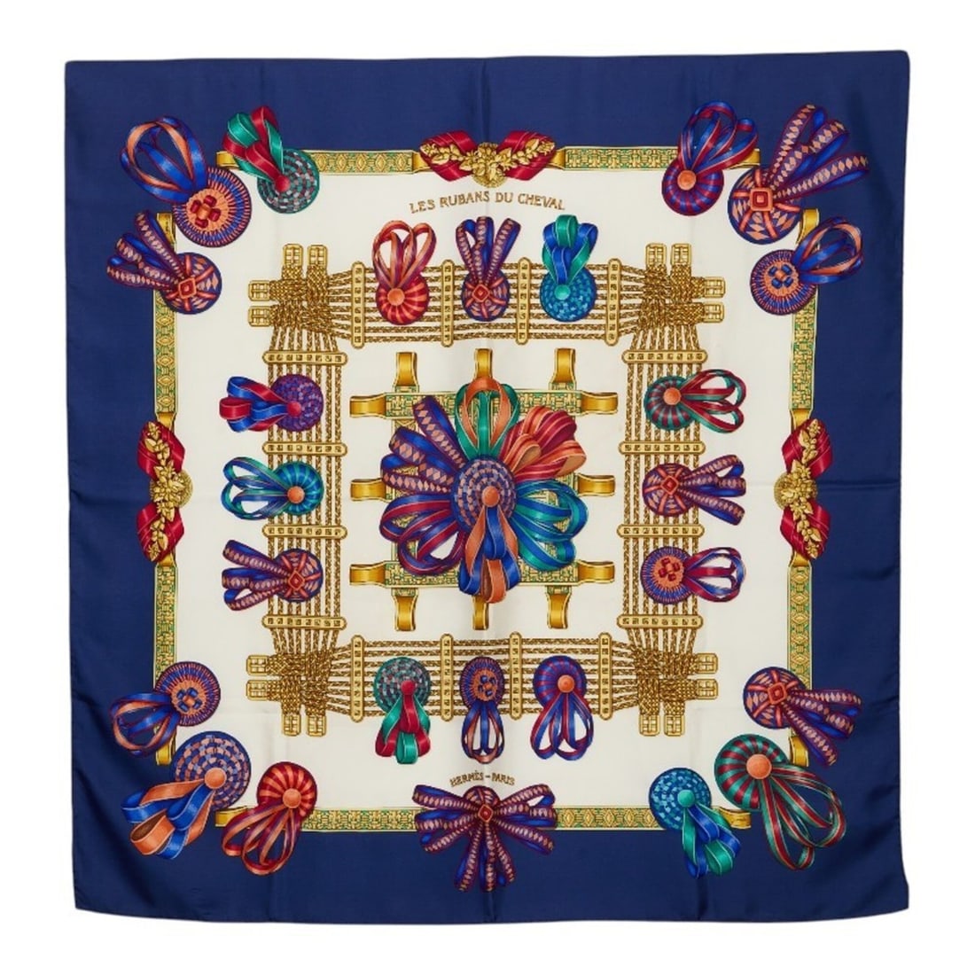 Hermes Carre 90 LES RUBANS DU CHEVAL Horse Ribbon Scarf Muffler White Multicolor Silk Women's HERMES