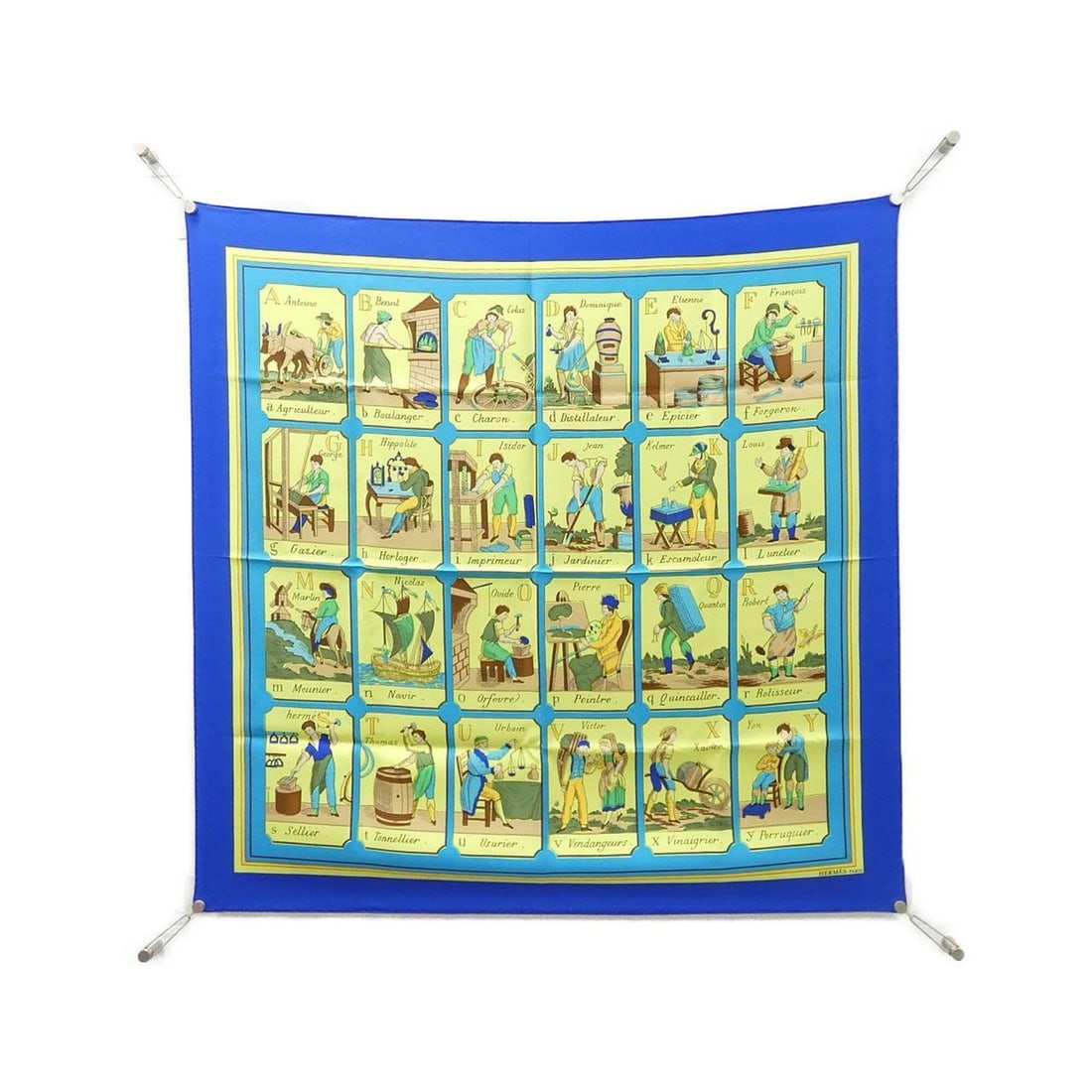 Hermes L'ALPHABET DES METIERS Carre Scarf Muffler: --- Catalog ---Category: SizeSize (LxW): 90cm x 90cm / 35.43'' x 35.43''Category: DesignType: ScarfColor: BlueGender: Women,MenMaterial: Silk Category: GeneralBrand: Hermes--- Item List ---Section: Co