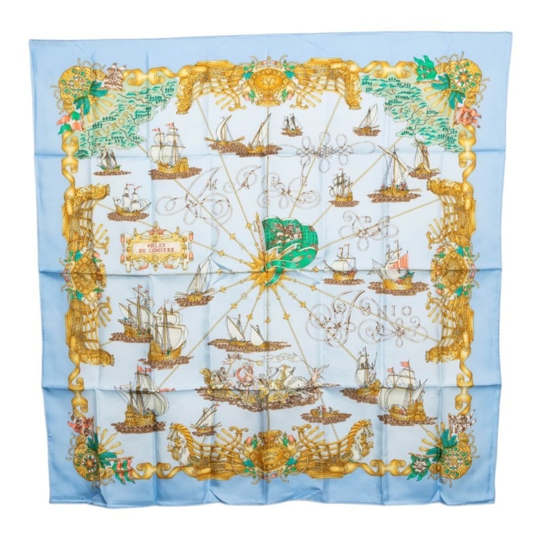 Hermes Carre 90 VOILES DE LUMIERE (Sailboats of Light) Scarf/Muffler, Light Blue, Silk, Women's