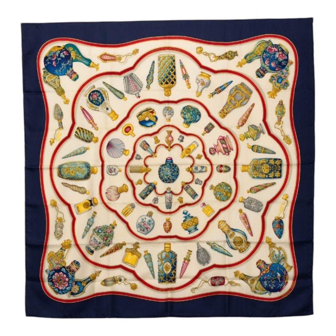 Hermes Carre 90 "Qu importe le flacon" perfume bottle scarf/muffler in navy, white, and red silk for