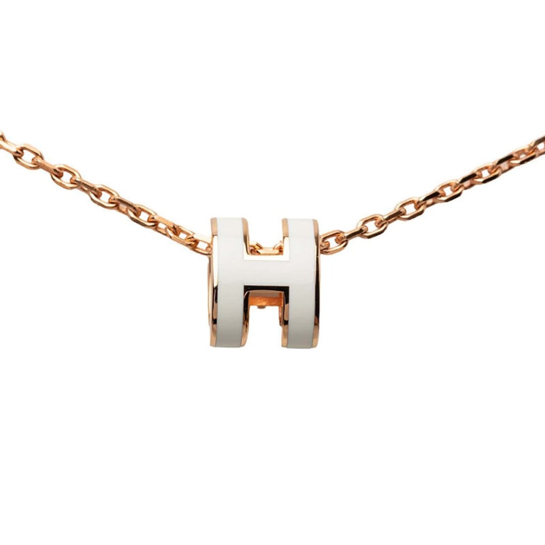 Hermes Mini Pop H Pendant Necklace, Pink Gold with White Plating, Enamel, Women's.