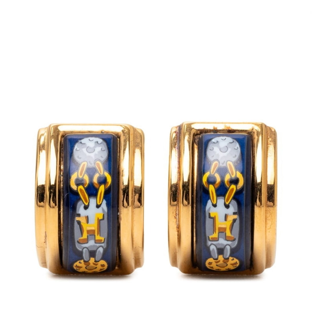 Hermes enamel cloisonné earrings, gold and blue plated, for women.: --- Catalog ---Category: SizeStone Size (HxW): 21.00mm x 14.20mm / 0.83'' x 0.56''Category: DesignColor: Blue, GoldGender: WomenCategory: GeneralBrand: Hermes--- Item List ---Section: ConditionRanking