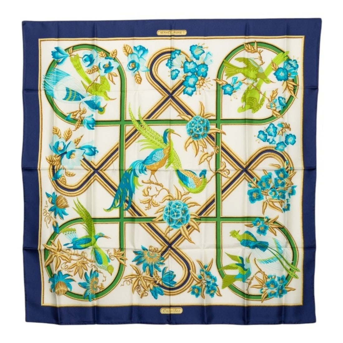 Hermes Carre 90 Caraibes (Caribbean Bird) Scarf/Muffler, Navy and White Silk, Women's.