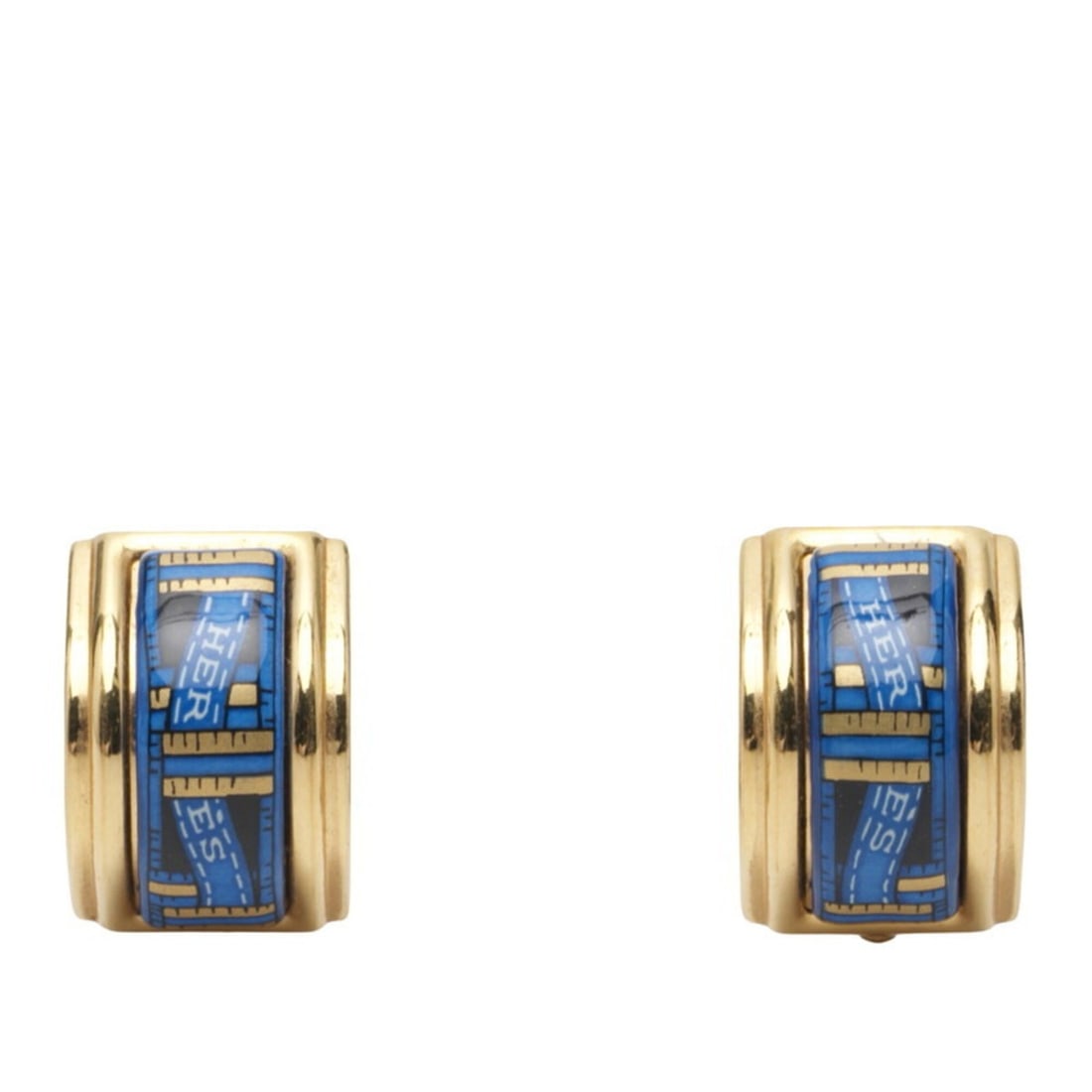 Hermes enamel cloisonné earrings, gold and blue plated, for women.: --- Catalog ---Category: SizeSize (HxWxD): 20.20mm x 14.20mm / 0.80'' x 0.56''Category: DesignType: Clip earringsColor: Blue, GoldGender: WomenMaterial: Gold platingCategory: GeneralBrand: Hermes--- I
