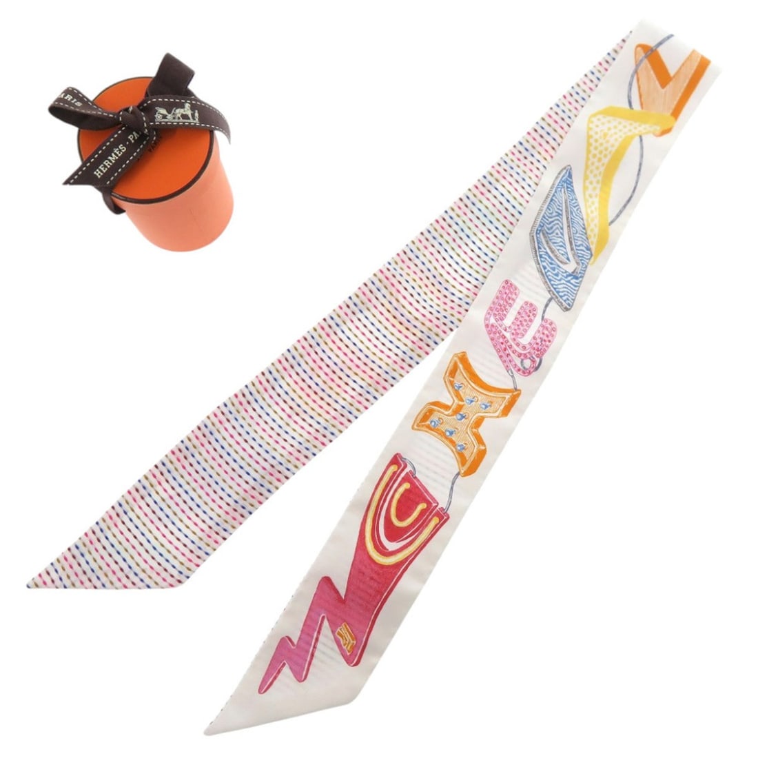 Hermes Twilly Chevalo Scope Neon Scarf Muffler Silk Blanc 0175HERMES