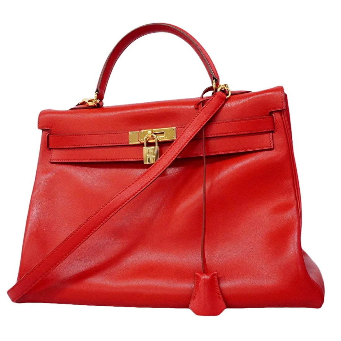 Hermes Kelly 35 Handbag, Veau Gulliver Leather, Rouge Casaque, with "Z" stamp, 2-way bag for women.