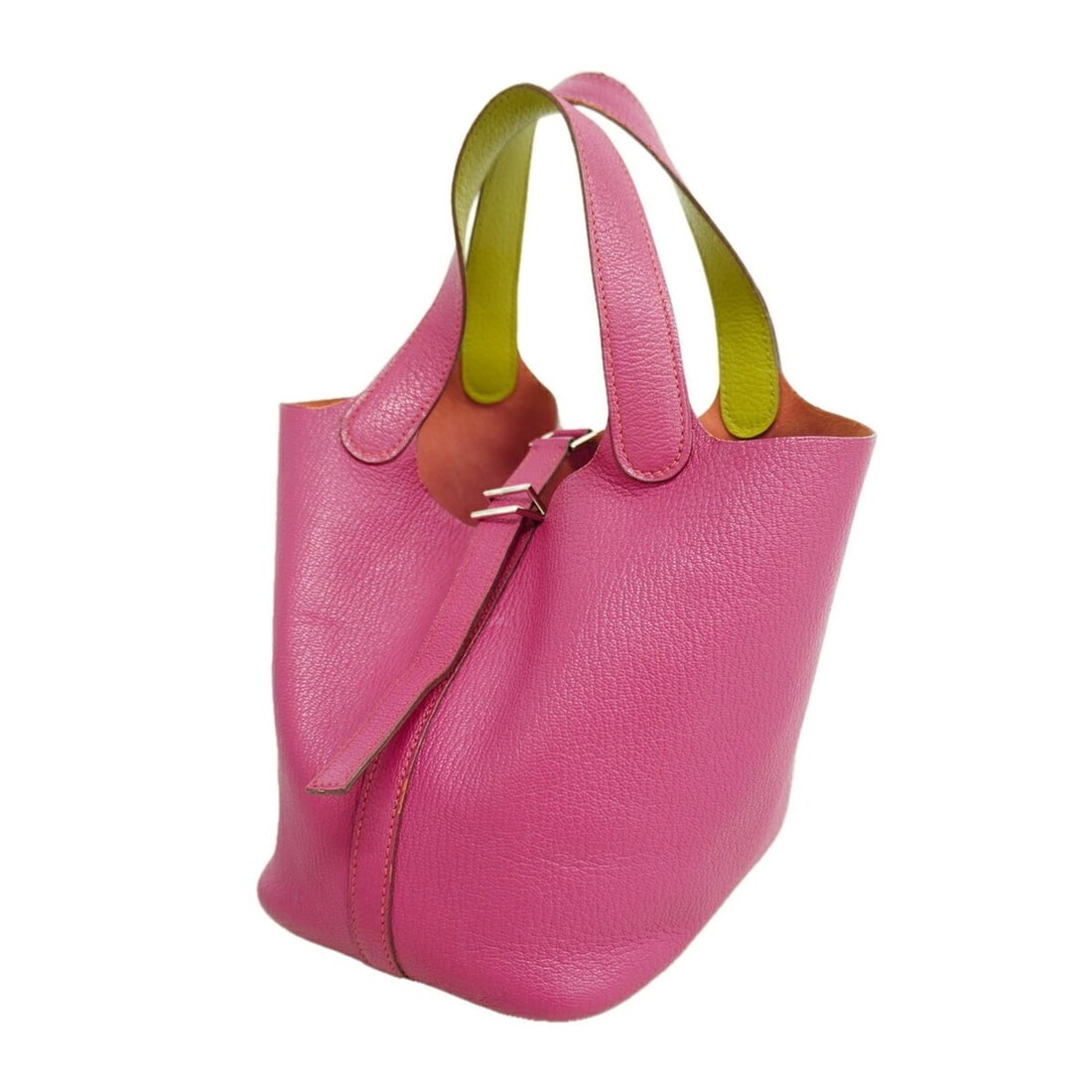 Hermes Picotin PM Eclat handbag, Chevre leather, Rose Shocking Anise Green, ?K stamp, Ladies'.: --- Catalog ---Category: SizeSize (HxWxD): 19cm x 14.5cm x 19cm / 7.48'' x 5.7'' x 7.48''Category: DesignType: HandbagColor: Anis green, Rose shockingGender: WomenMaterial: Chevre leather Hardware Col