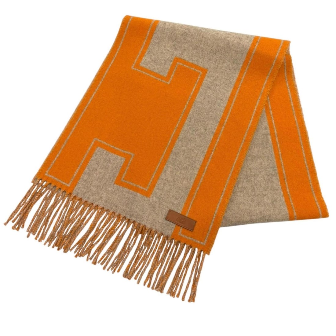 HERMES Hermes Stole Scarf Clé de H 100% Cashmere Beige Cine Orange Leather Logo Patch Fringe Made
