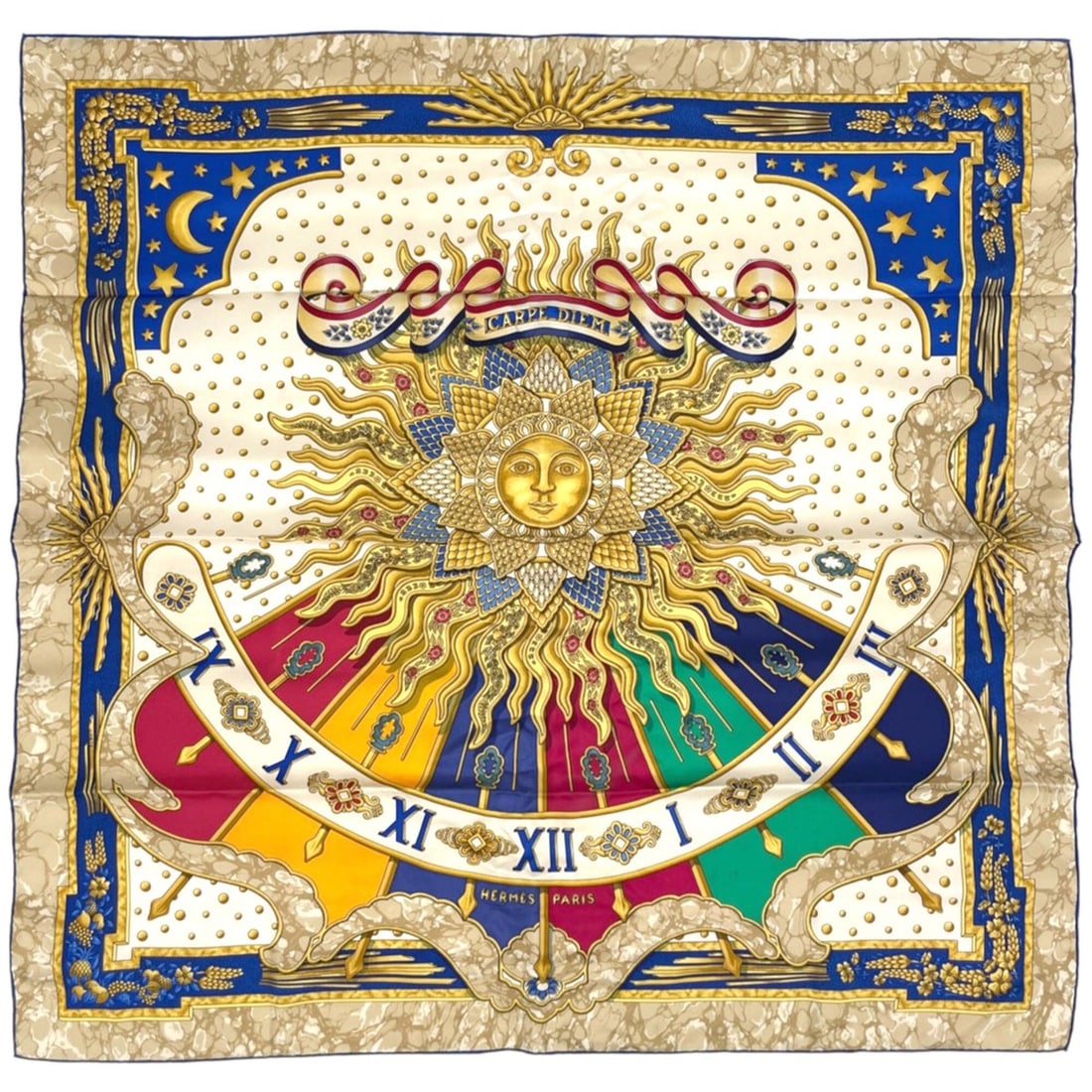 Hermes CARPE 90 Scarf/Muffler - Enjoying the Day Sun & Moon Silk Blue Multicolor Women's