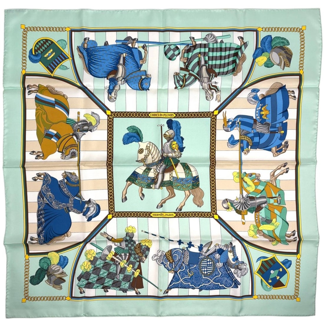 Hermes Carre 90 Chocs en Plumes Scarf/Muffler, Feathered Clash, Horse Pattern, Armor, Silk, Light (1 of 6)